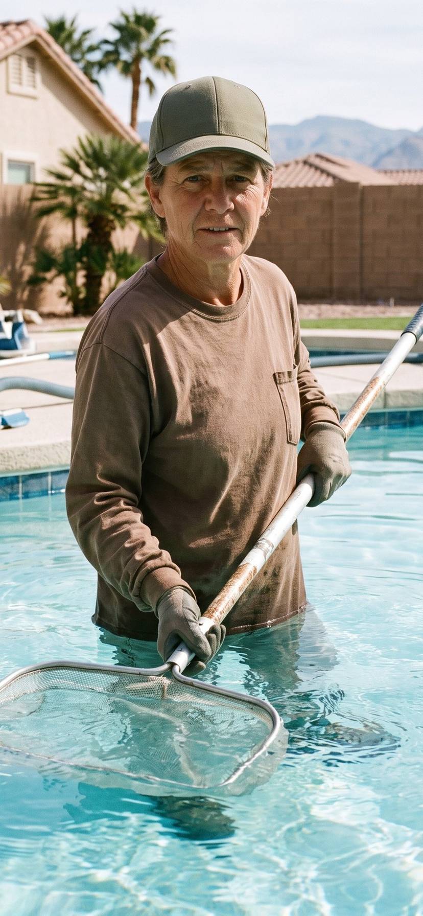 Pool technician inspecting exposed plumbing in Las Vegas winter