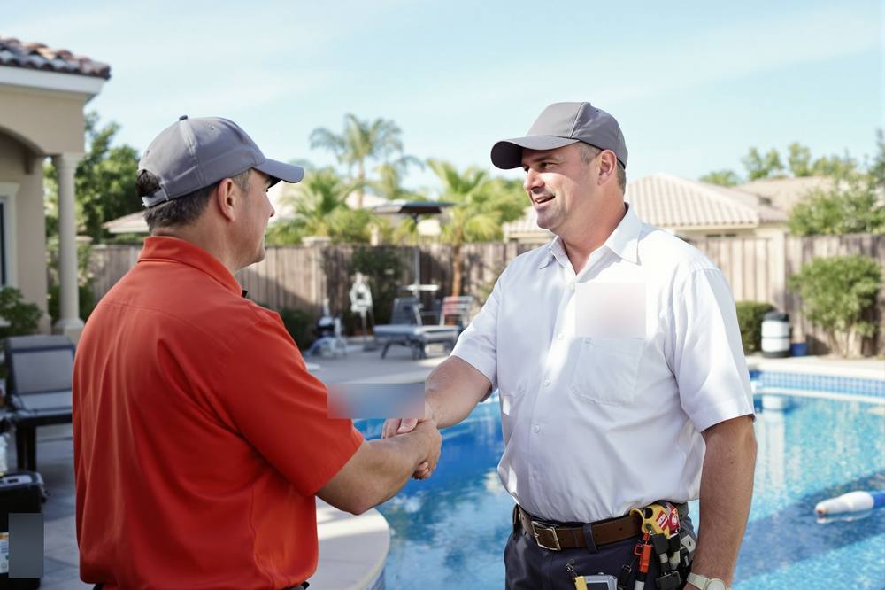 Técnico de mantenimiento revisando el agua de una piscina residencial en North Las Vegas, Nevada
