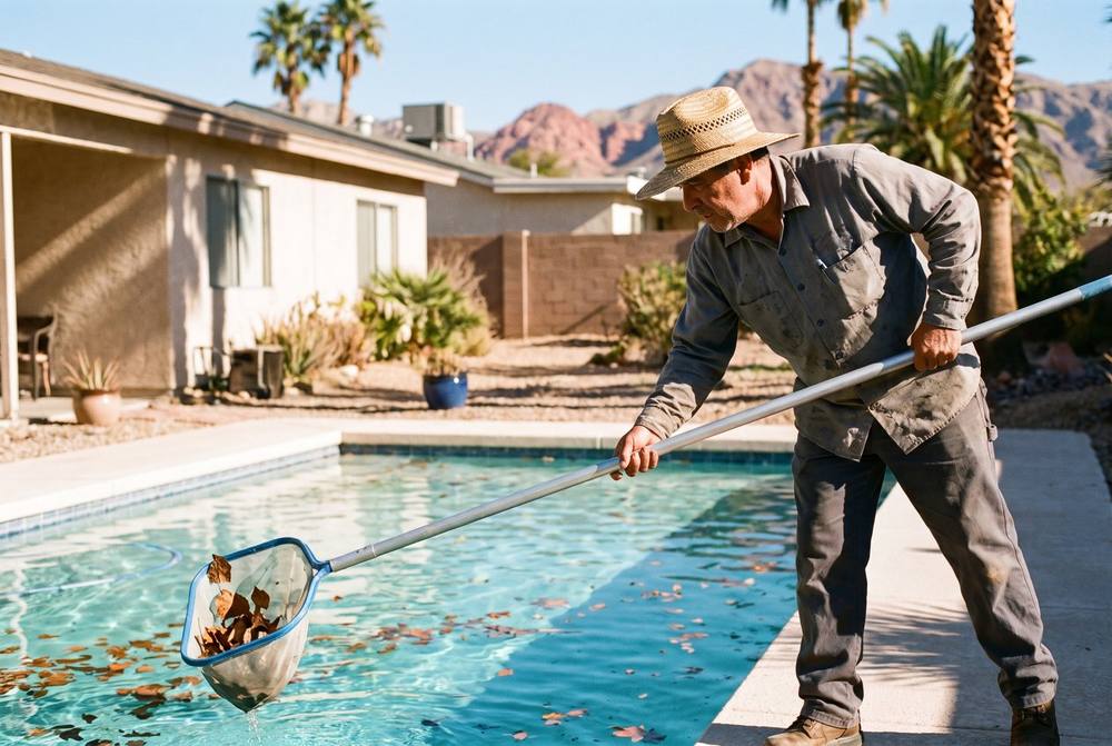 Licensed pool service technician cleaning and balancing chemicals in a backyard pool in Paradise, Nevada