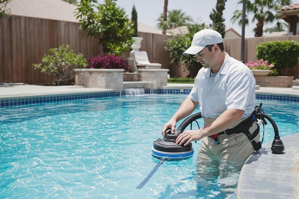 Pool cover on a Las Vegas inground pool during winter with equipment winterized